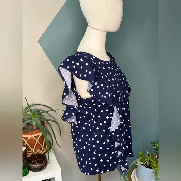 Vineyard Vines Ruffle Sleeve Cotton Top Navy White Dot Print Size M - Picture 4 of 11
